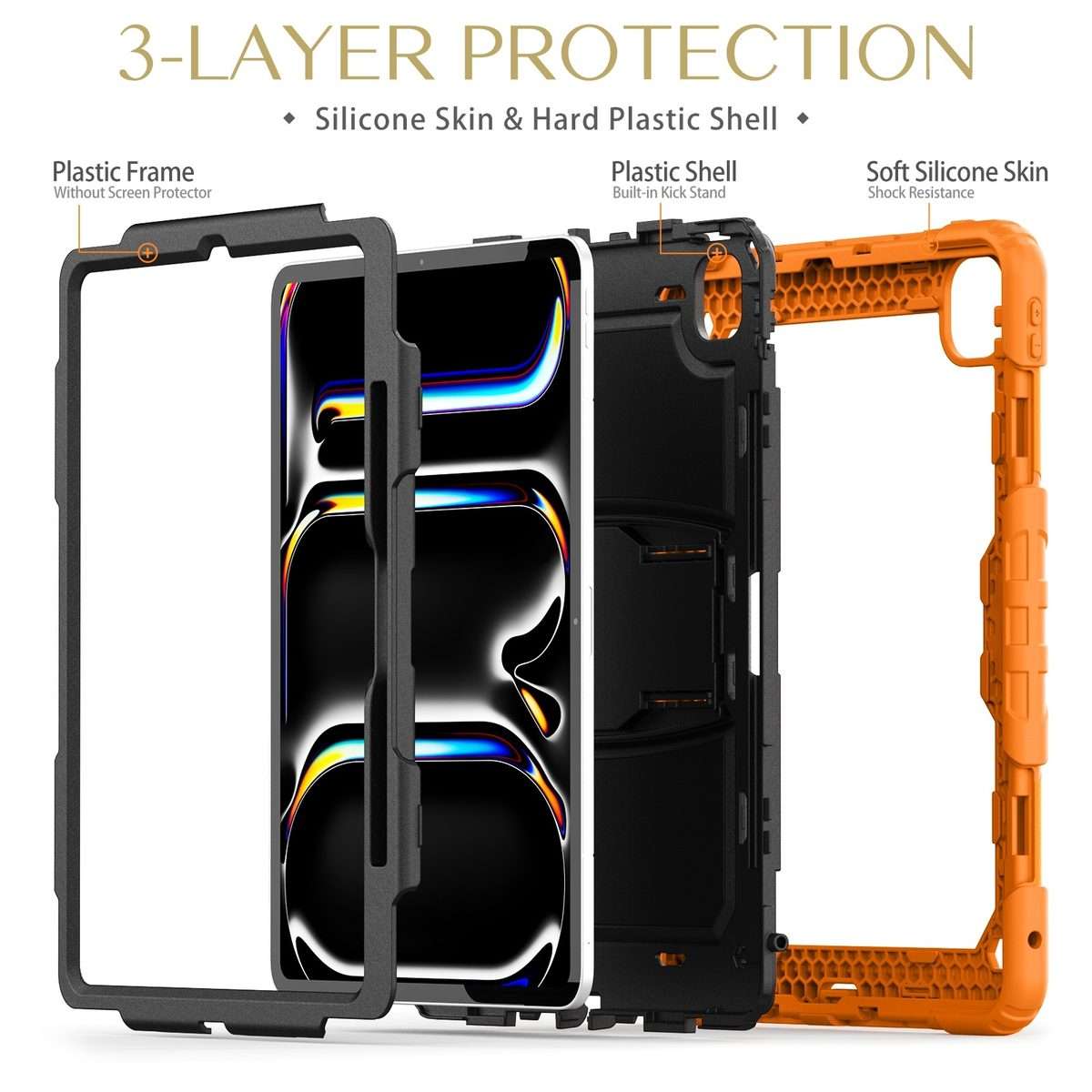 For iPad Pro 13 2025 / 2024 Silicone Hydric PC Tablet Case with Shoulder Strap & Holder(Orange)