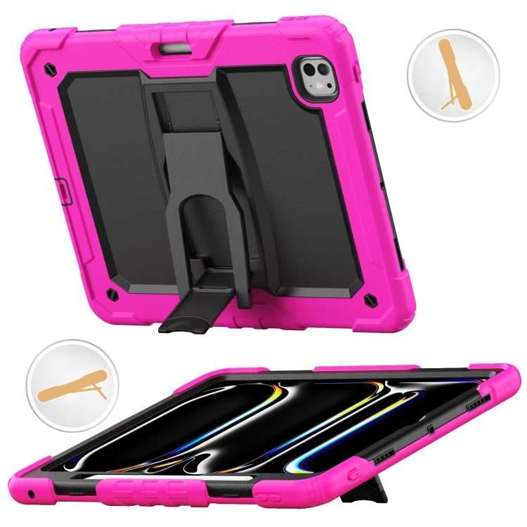 For iPad Pro 13 2025 / 2024 Silicone Hydric PC Tablet Case with Shoulder Strap & Holder(Rose Red)