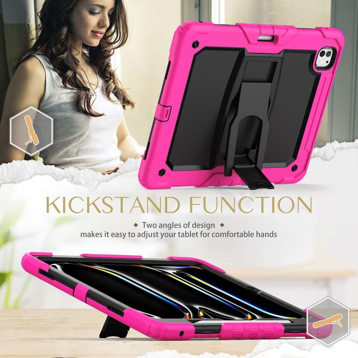 For iPad Pro 13 2025 / 2024 Silicone Hydric PC Tablet Case with Shoulder Strap & Holder(Rose Red)