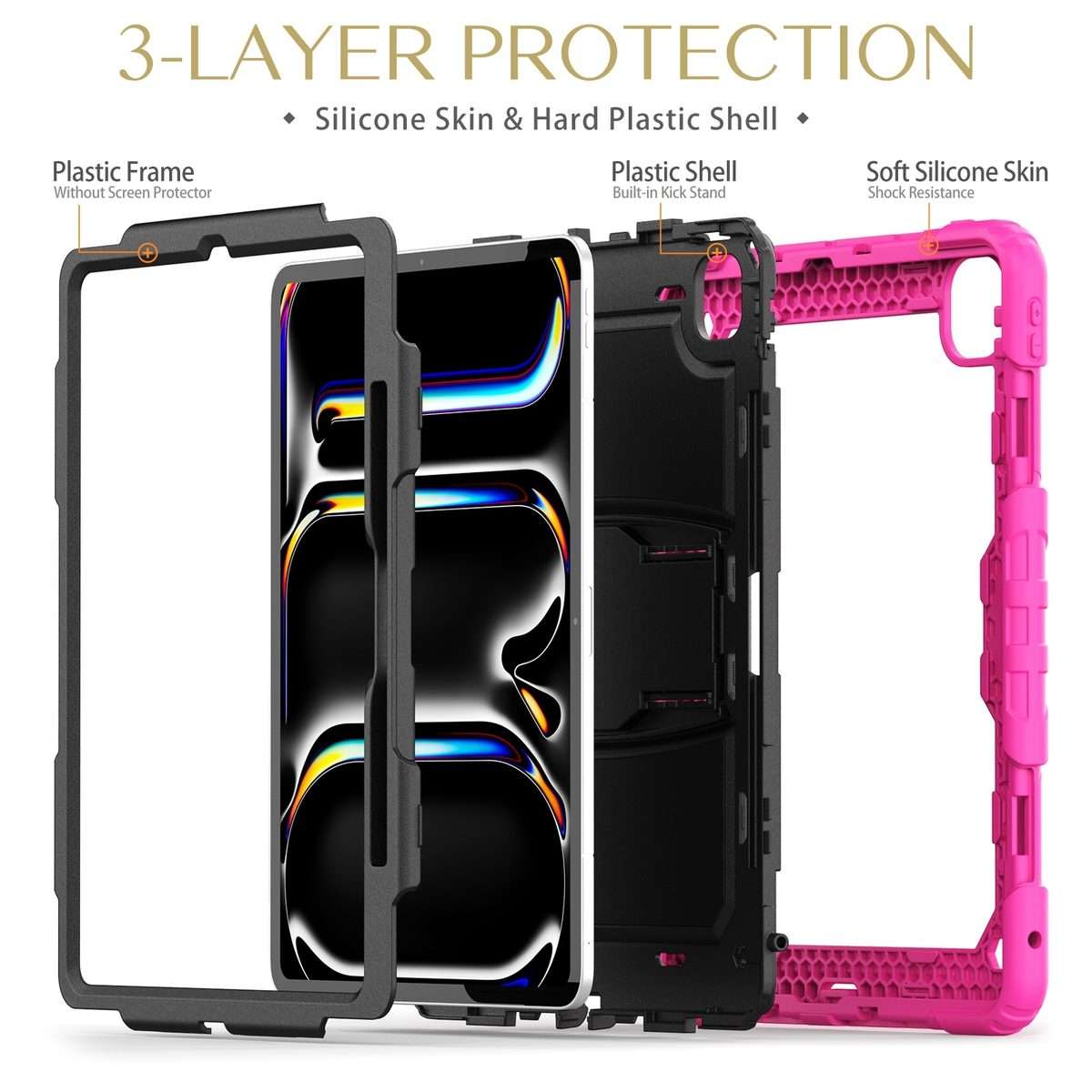 For iPad Pro 13 2025 / 2024 Silicone Hydric PC Tablet Case with Shoulder Strap & Holder(Rose Red)