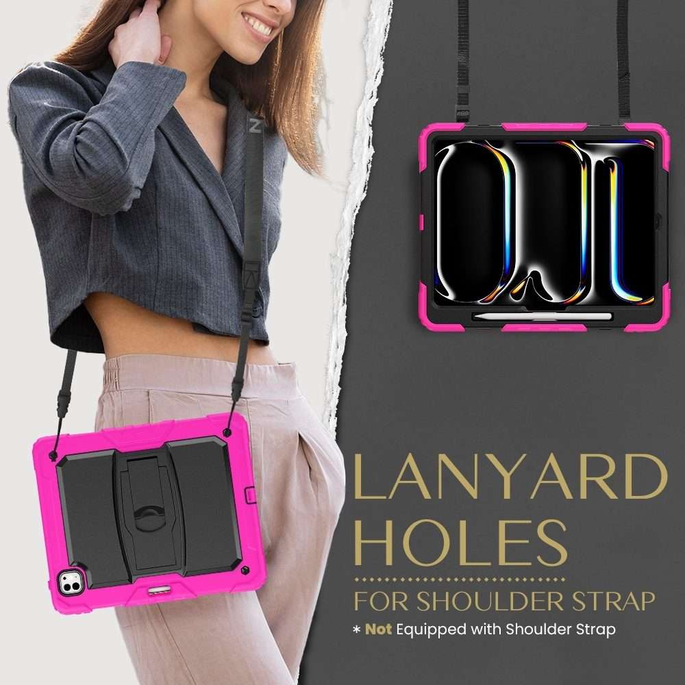 For iPad Pro 13 2025 / 2024 Silicone Hydric PC Tablet Case with Shoulder Strap & Holder(Rose Red)