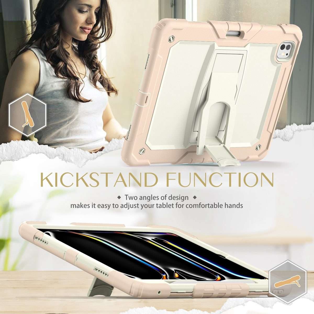 For iPad Pro 13 2025 / 2024 Silicone Hydric PC Tablet Case with Shoulder Str ... (Beige Rose Gold)