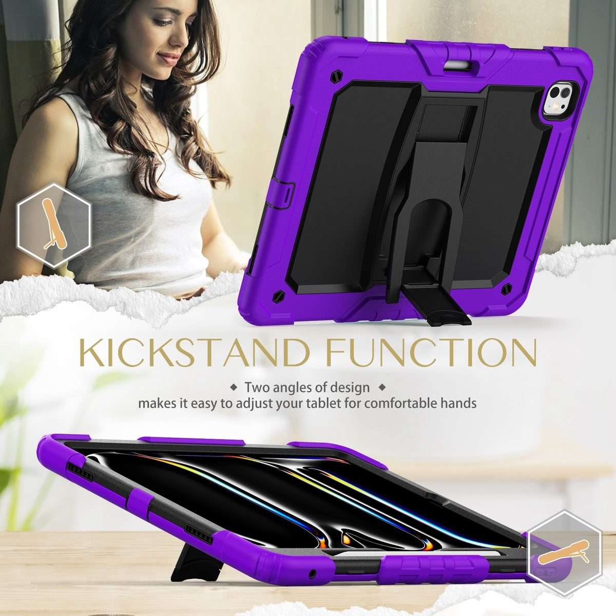 For iPad Pro 13 2025 / 2024 Silicone Hydric PC Tablet Case with Shoulder Strap & Holder(Purple)