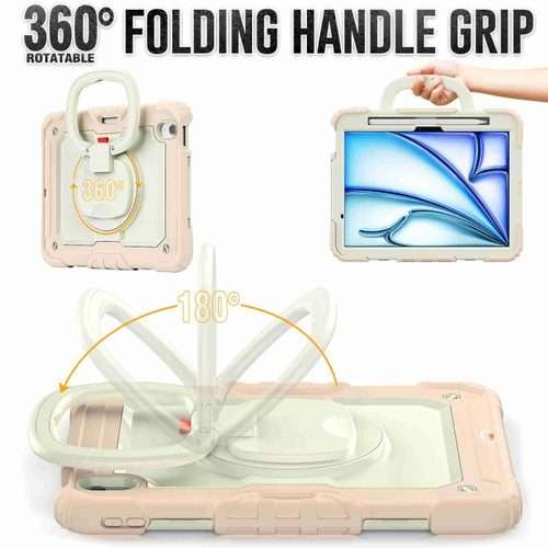 For iPad Air 11 2026 / 2025 / 2024 Handle Silicone Hydric PC Tablet Case with Shou ... (Rose Gold)