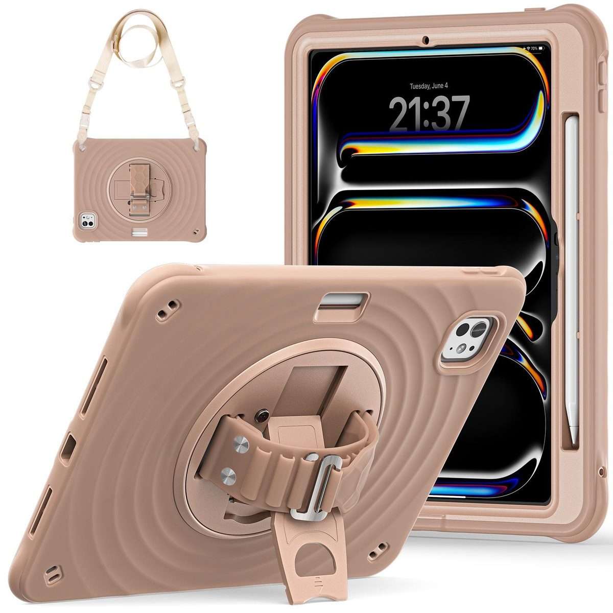 For iPad Pro 11 2025 / 2024 Rotation Holder Silicone Hybrid PC Tablet Case(Light Coffee)