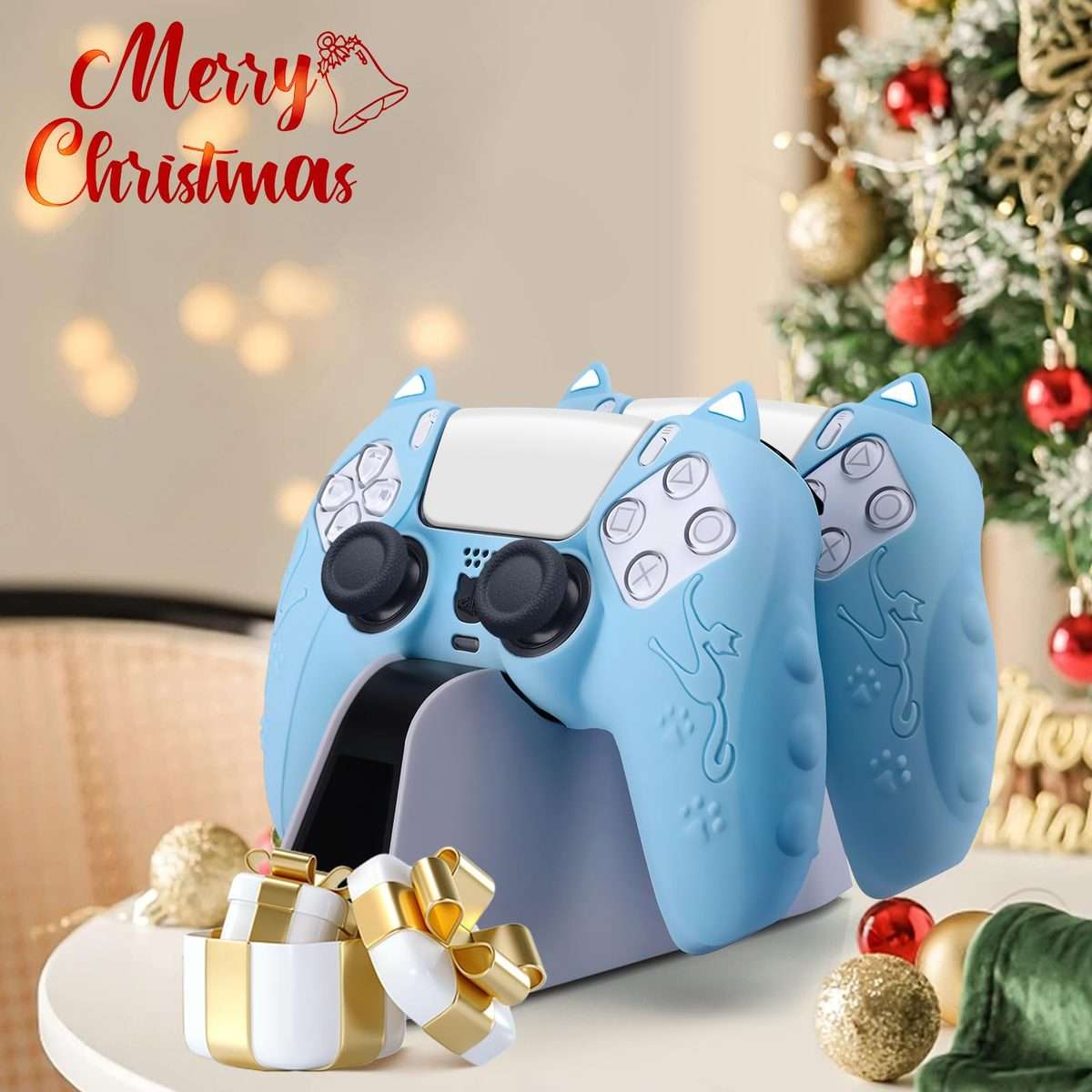 For Sony PS5 Cat Ear Shape Gamepad Silicone Protective Case(White)