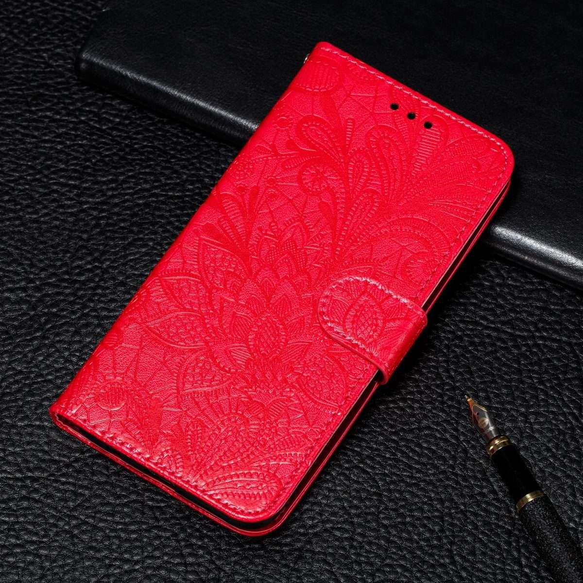 For Xiaomi 15 Pro Lace Flower Embossing Flip Leather Phone Case(Red)