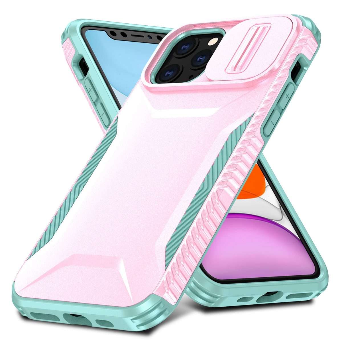 For iPhone 11 Pro Max Sliding Camshield Phone Case(Pink + Grey Green)