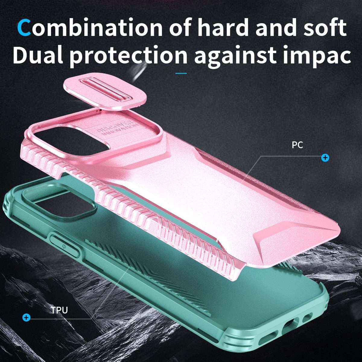 For iPhone 11 Pro Max Sliding Camshield Phone Case(Pink + Grey Green)