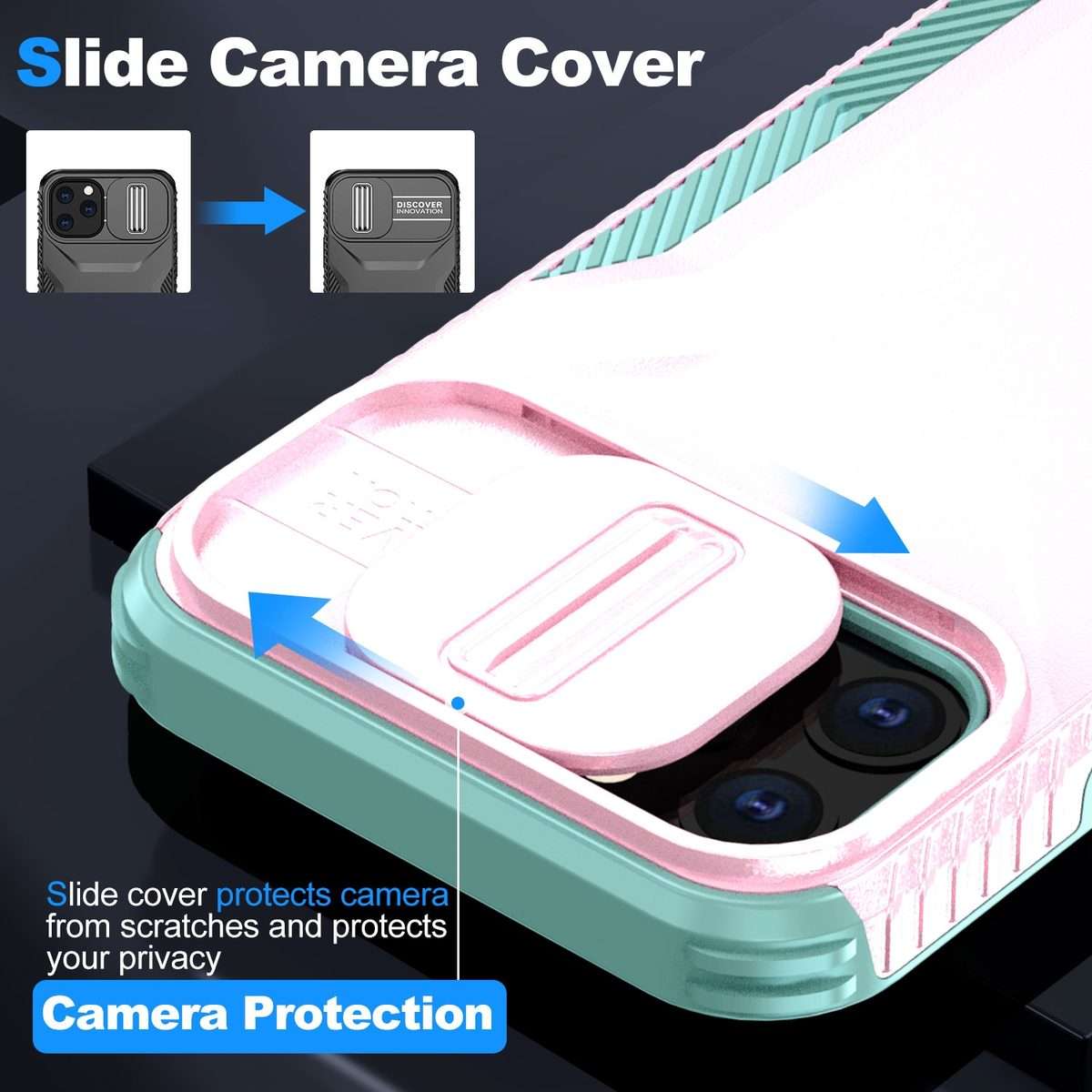 For iPhone 11 Pro Max Sliding Camshield Phone Case(Pink + Grey Green)