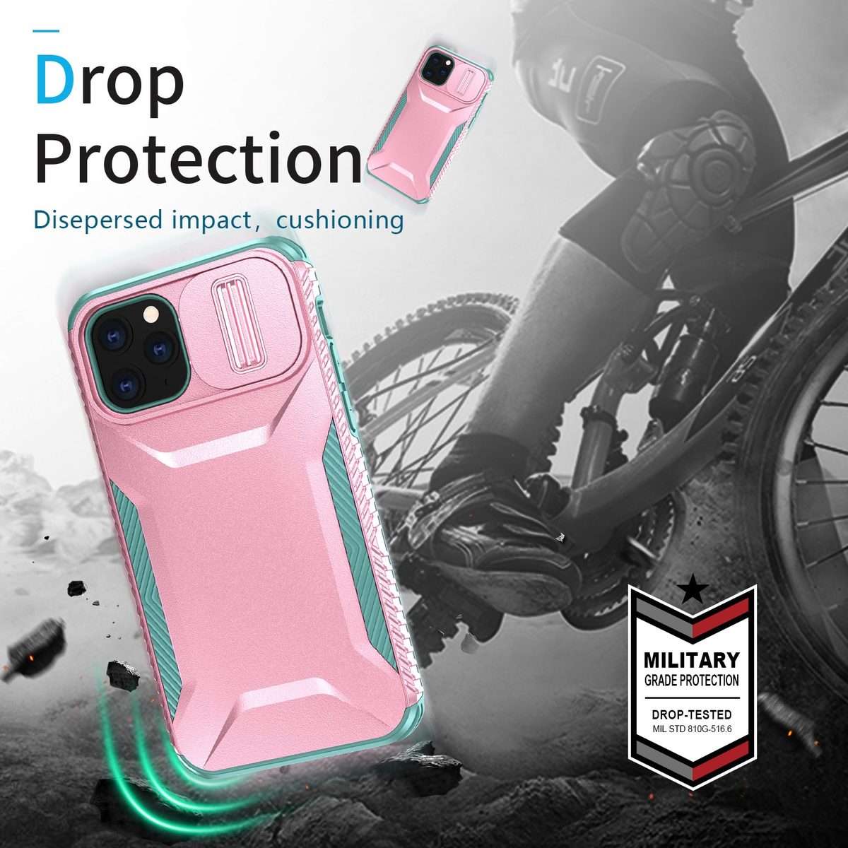 For iPhone 11 Pro Max Sliding Camshield Phone Case(Pink + Grey Green)