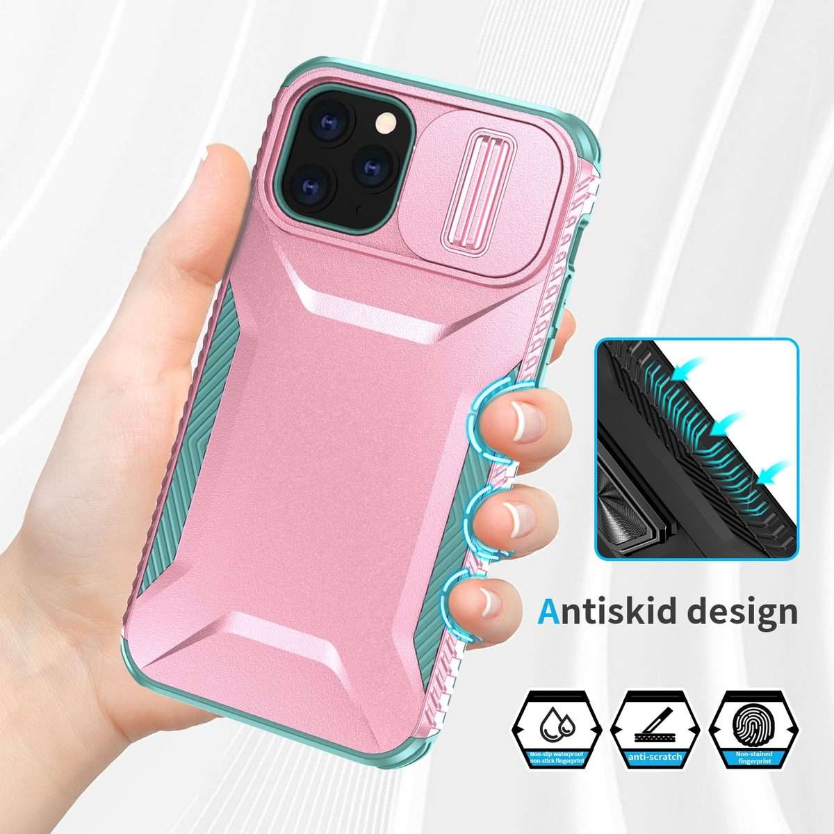 For iPhone 11 Pro Max Sliding Camshield Phone Case(Pink + Grey Green)
