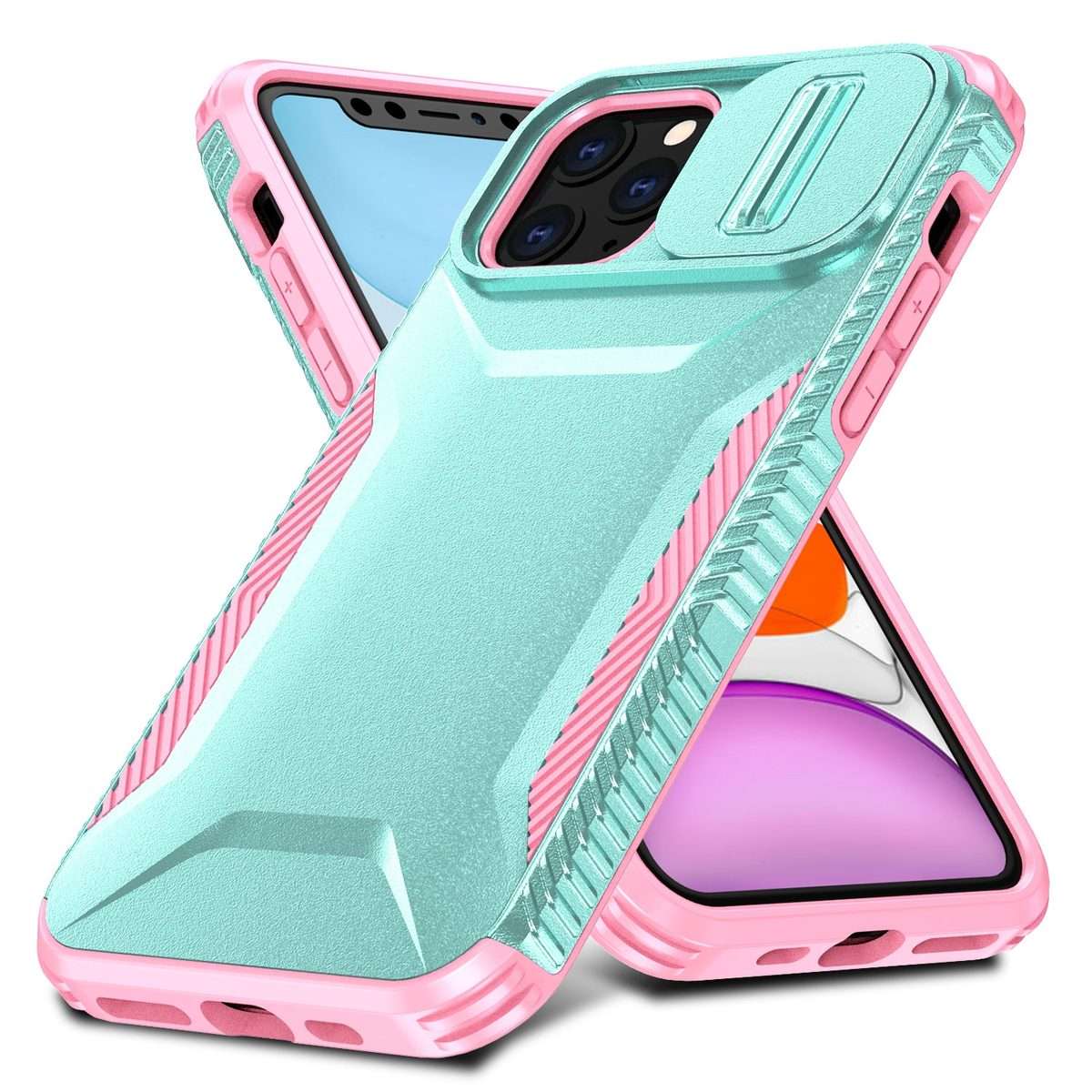 For iPhone 11 Pro Max Sliding Camshield Phone Case(Grey Green + Pink)