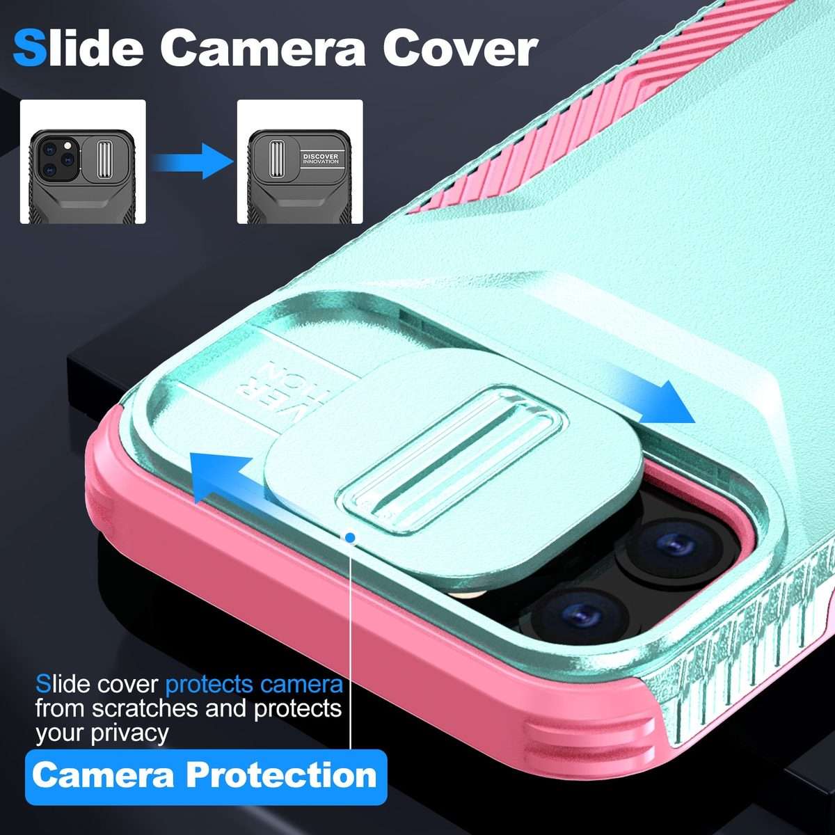 For iPhone 11 Pro Max Sliding Camshield Phone Case(Grey Green + Pink)
