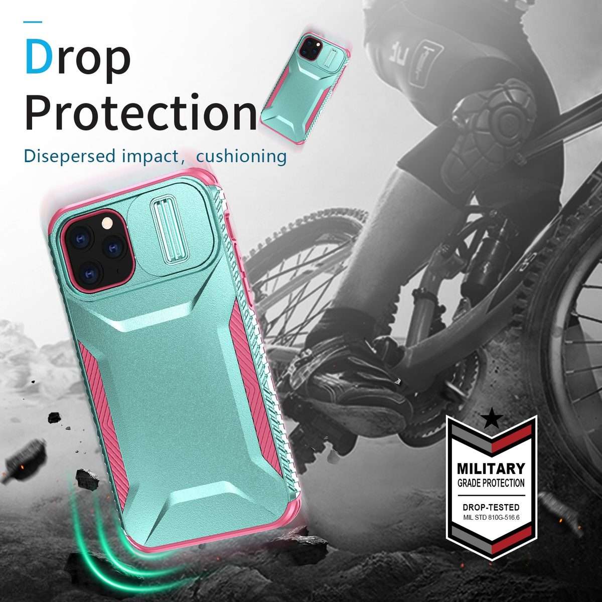 For iPhone 11 Pro Max Sliding Camshield Phone Case(Grey Green + Pink)