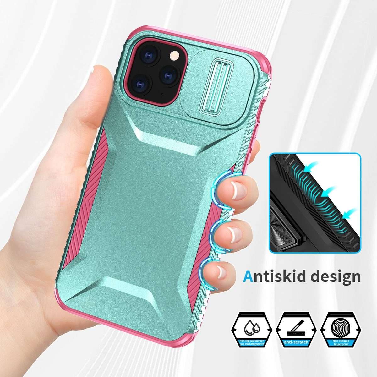 For iPhone 11 Pro Max Sliding Camshield Phone Case(Grey Green + Pink)