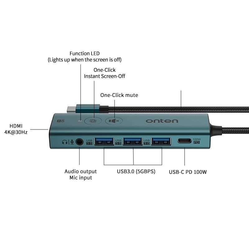 Onten UC123+ USB-C / Type-C to HDTV Multi-function HUB Docking Station with Button, Le ... (Green)