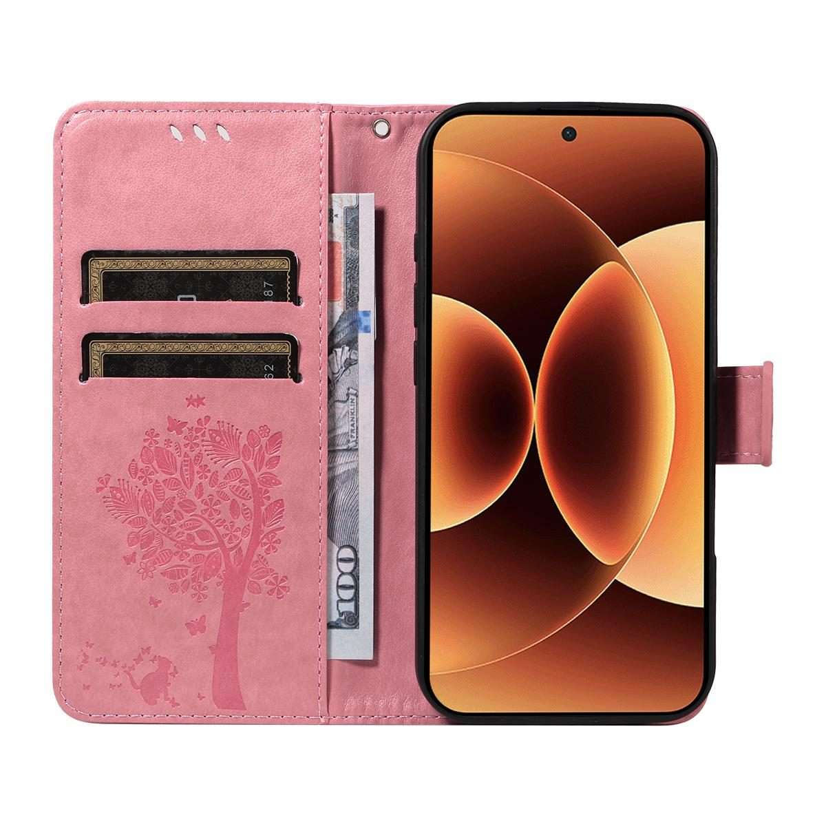For Xiaomi 17 Pro Max Tree & Cat Embossed Pattern Flip Leather Phone Case(Pink)