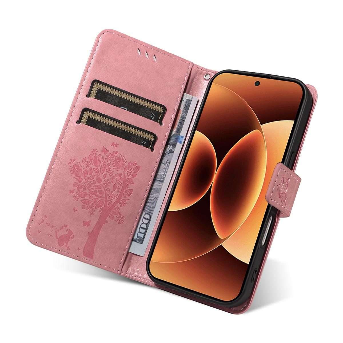 For Xiaomi 17 Pro Max Tree & Cat Embossed Pattern Flip Leather Phone Case(Pink)
