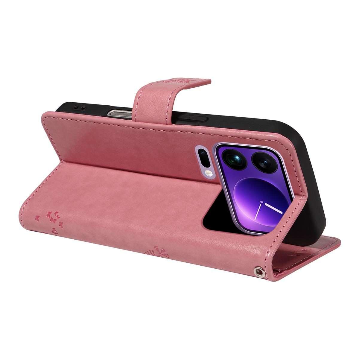 For Xiaomi 17 Pro Max Tree & Cat Embossed Pattern Flip Leather Phone Case(Pink)