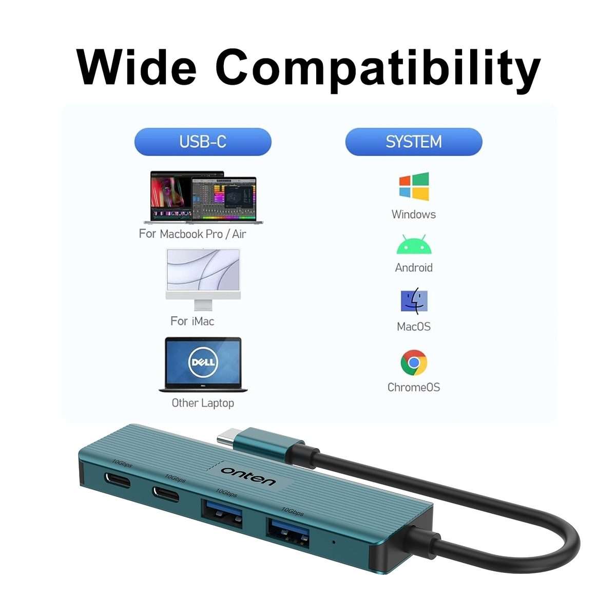 Onten UC622 10Gbps USB-C / Type-C to 2 x USB + 2 x USB-C / Type-C 4 in 1 HUB Docking S ... (Green)
