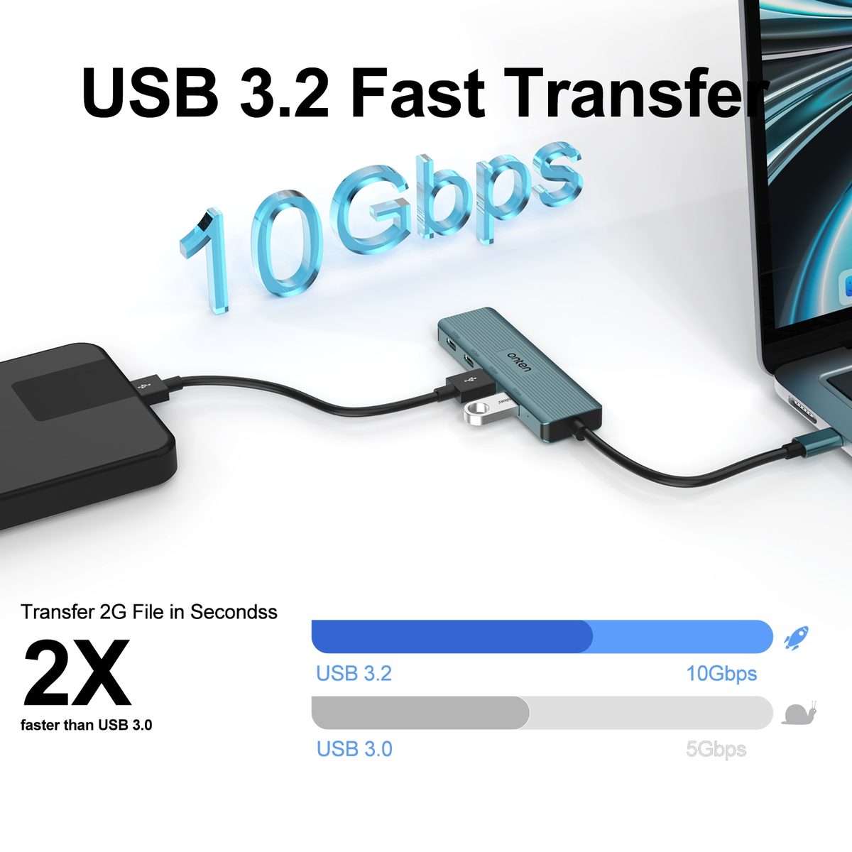 Onten UC622 10Gbps USB-C / Type-C to 2 x USB + 2 x USB-C / Type-C 4 in 1 HUB Docking S ... (Green)