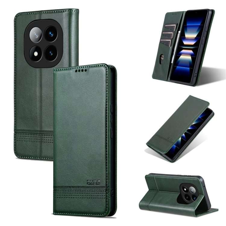 For Redmi Note 14 Pro+ 5G AZNS Magnetic Calf Texture Flip Leather Phone Case(Dark Green)