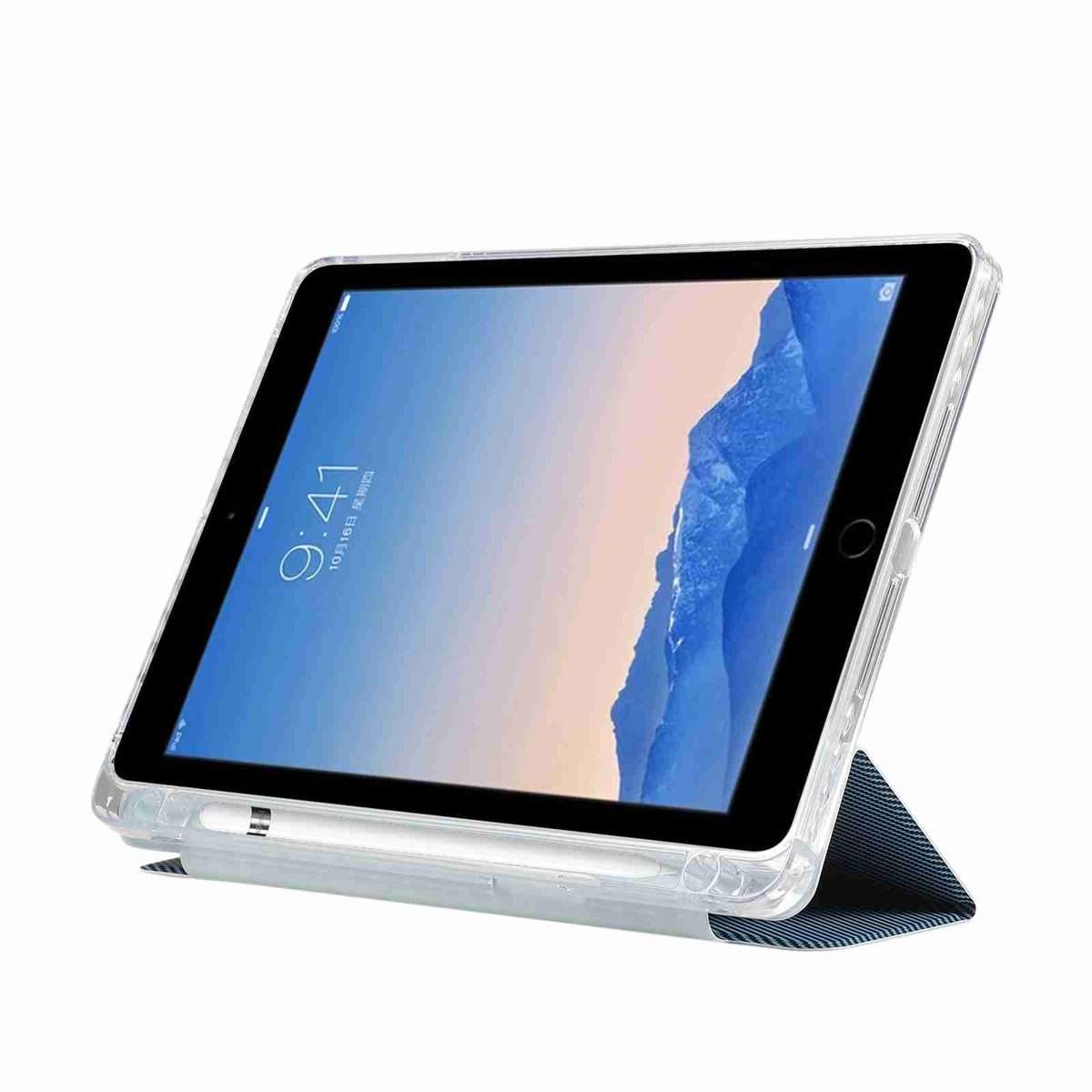 For iPad Air / Air 2 / 9.7 2017 / 2018 Carbon Fiber Clear Acrylic 3-Fold Leather Tablet Case(Blue)