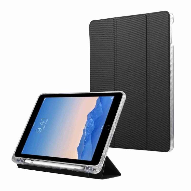 For iPad Air / Air 2 / 9.7 2017 / 2018 Carbon Fiber Clear Acrylic 3-Fold Leather Table ... (Black)