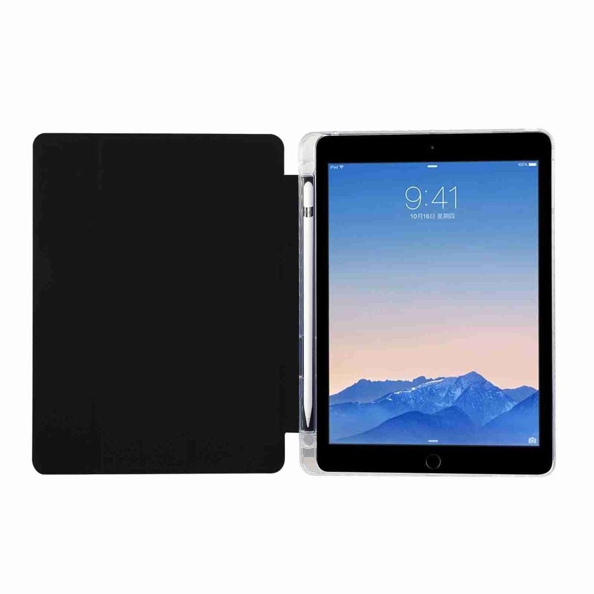 For iPad Air / Air 2 / 9.7 2017 / 2018 Carbon Fiber Clear Acrylic 3-Fold Leather Table ... (Black)