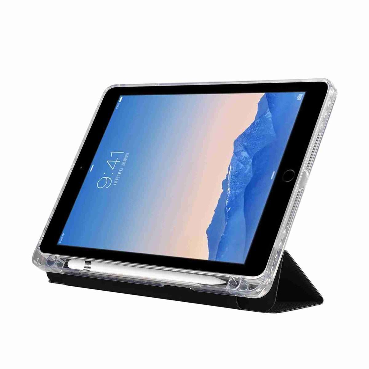 For iPad Air / Air 2 / 9.7 2017 / 2018 Carbon Fiber Clear Acrylic 3-Fold Leather Table ... (Black)