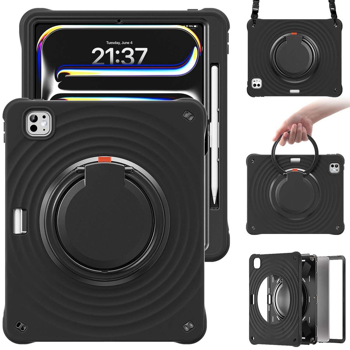For iPad Pro 13 2025 / 2024 Rotation Handle Holder Silicone Hybrid PC Tablet Case(Black)