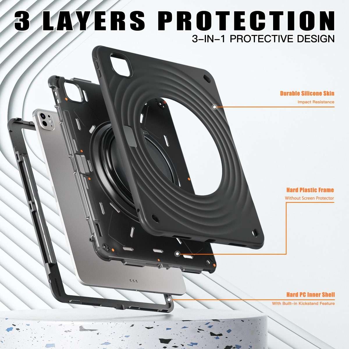 For iPad Pro 13 2025 / 2024 Rotation Handle Holder Silicone Hybrid PC Tablet Case(Black)