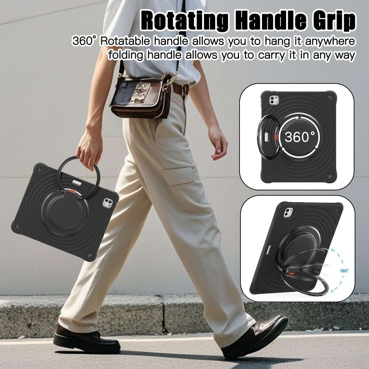 For iPad Pro 13 2025 / 2024 Rotation Handle Holder Silicone Hybrid PC Tablet Case(Black)