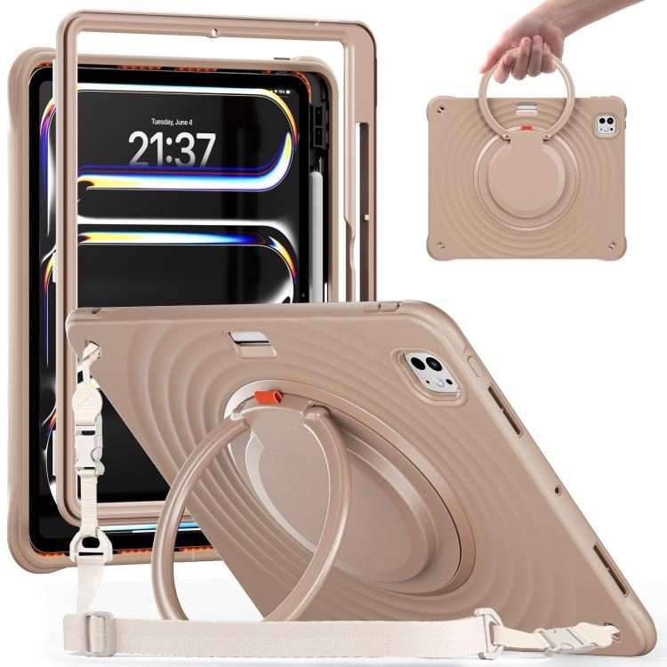 For iPad Pro 13 2025 / 2024 Rotation Handle Holder Silicone Hybrid PC Tablet Case(Light Coffee)