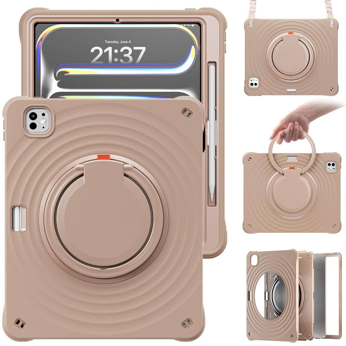 For iPad Pro 13 2025 / 2024 Rotation Handle Holder Silicone Hybrid PC Tablet Case(Light Coffee)