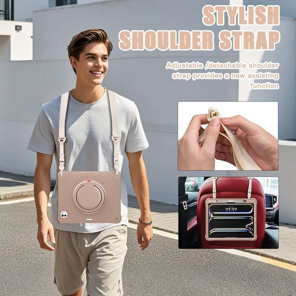 For iPad Pro 13 2025 / 2024 Rotation Handle Holder Silicone Hybrid PC Tablet Case(Light Coffee)