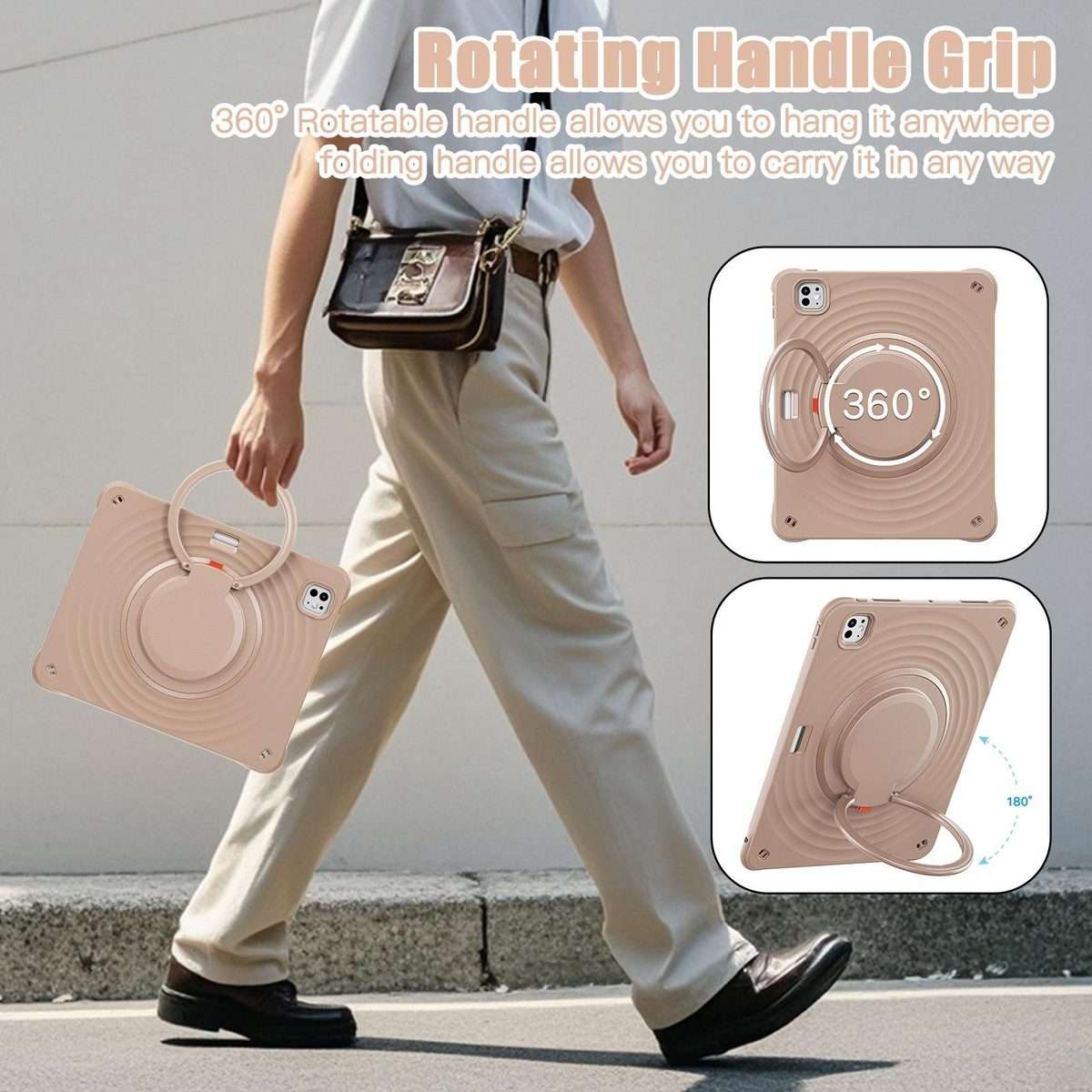 For iPad Pro 13 2025 / 2024 Rotation Handle Holder Silicone Hybrid PC Tablet Case(Light Coffee)