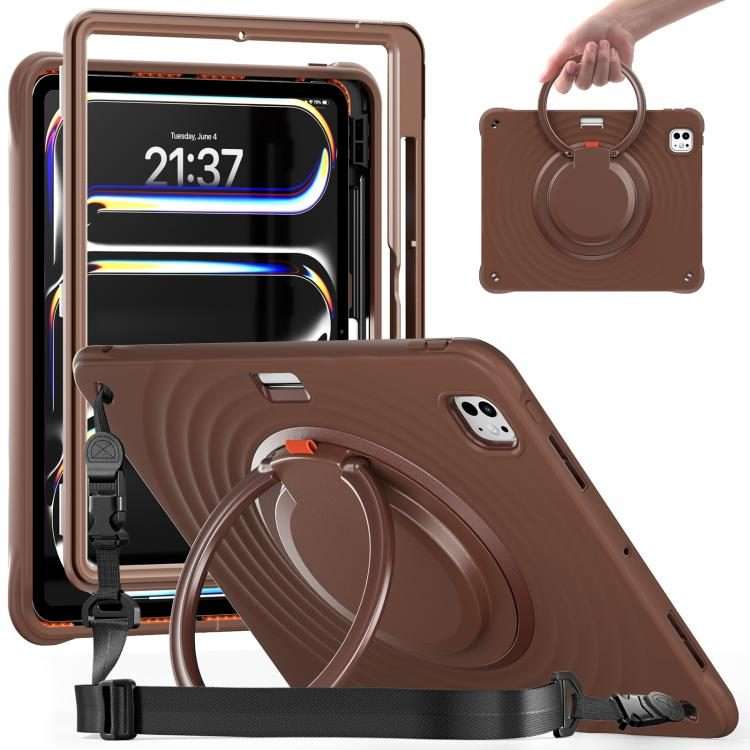 For iPad Pro 13 2025 / 2024 Rotation Handle Holder Silicone Hybrid PC Tablet Case(Chocolate)