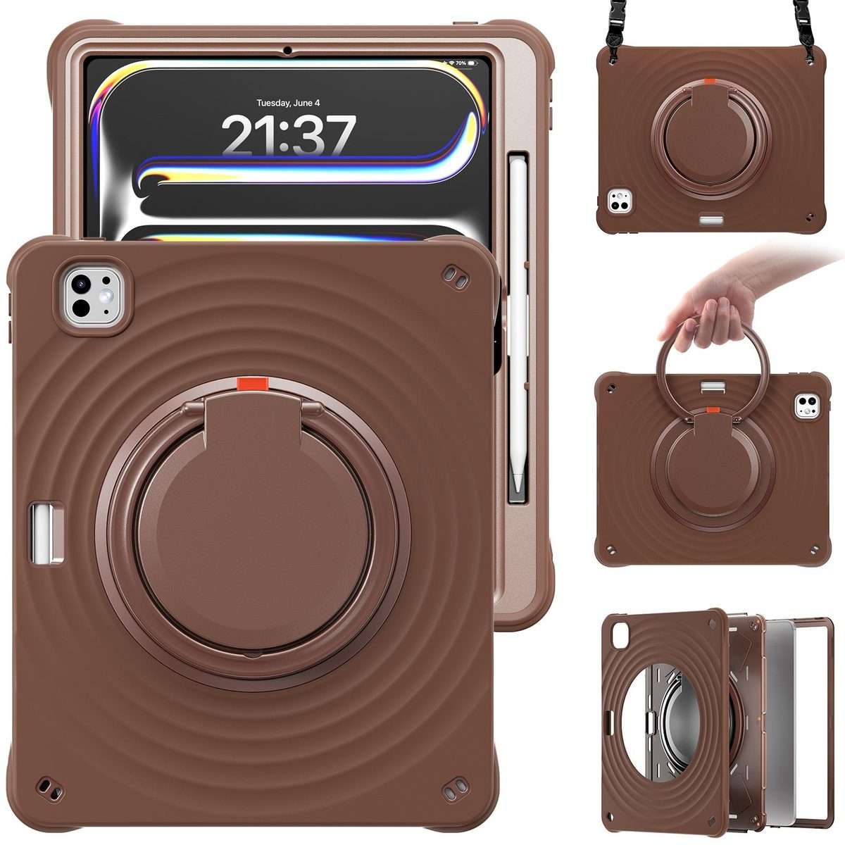 For iPad Pro 13 2025 / 2024 Rotation Handle Holder Silicone Hybrid PC Tablet Case(Chocolate)