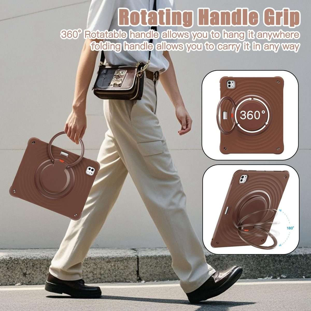 For iPad Pro 13 2025 / 2024 Rotation Handle Holder Silicone Hybrid PC Tablet Case(Chocolate)