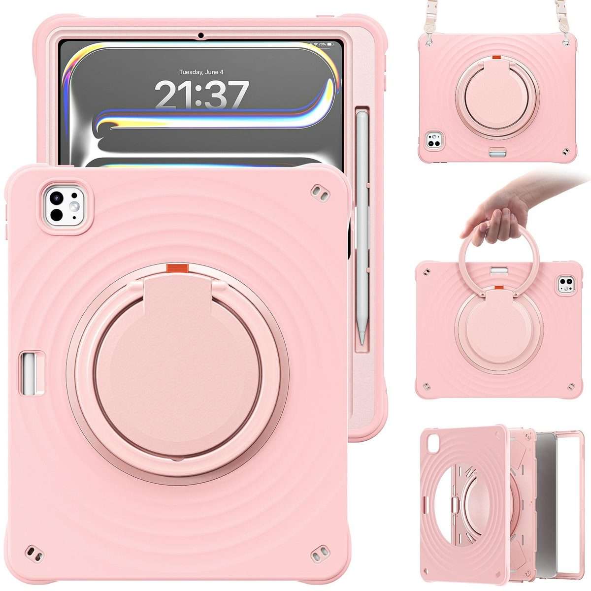 For iPad Pro 13 2025 / 2024 Rotation Handle Holder Silicone Hybrid PC Tablet Case(Pink)
