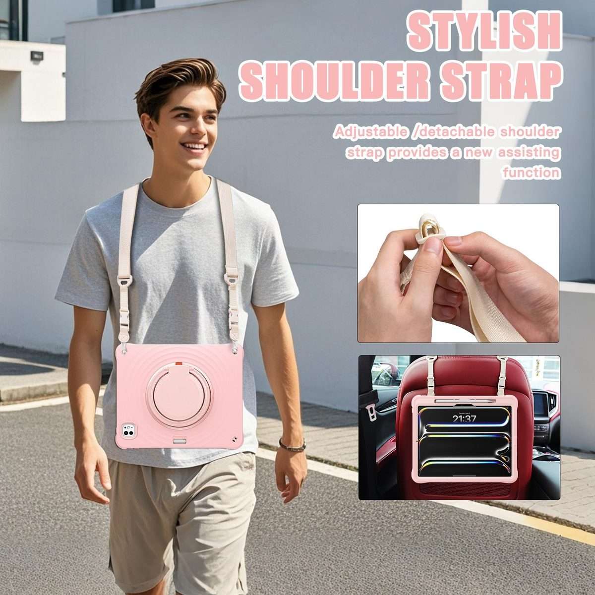 For iPad Pro 13 2025 / 2024 Rotation Handle Holder Silicone Hybrid PC Tablet Case(Pink)
