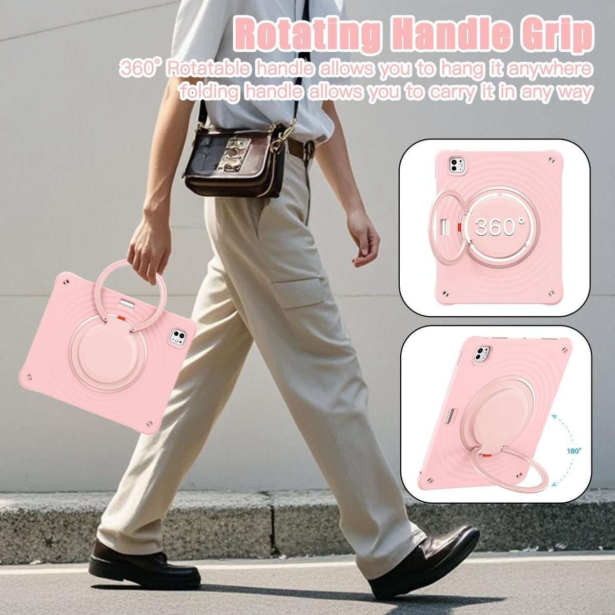 For iPad Pro 13 2025 / 2024 Rotation Handle Holder Silicone Hybrid PC Tablet Case(Pink)