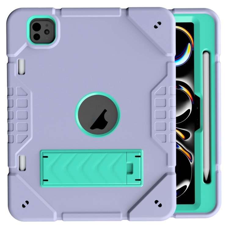 For iPad Pro 11 2025 / 2024 Armor Holder Silicone Hybrid PC Tablet Case(Purple Mint Green)