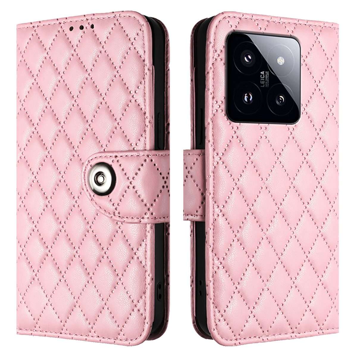 For Xiaomi 14 Pro Rhombic Texture Flip Leather Phone Case with Lanyard(Pink)