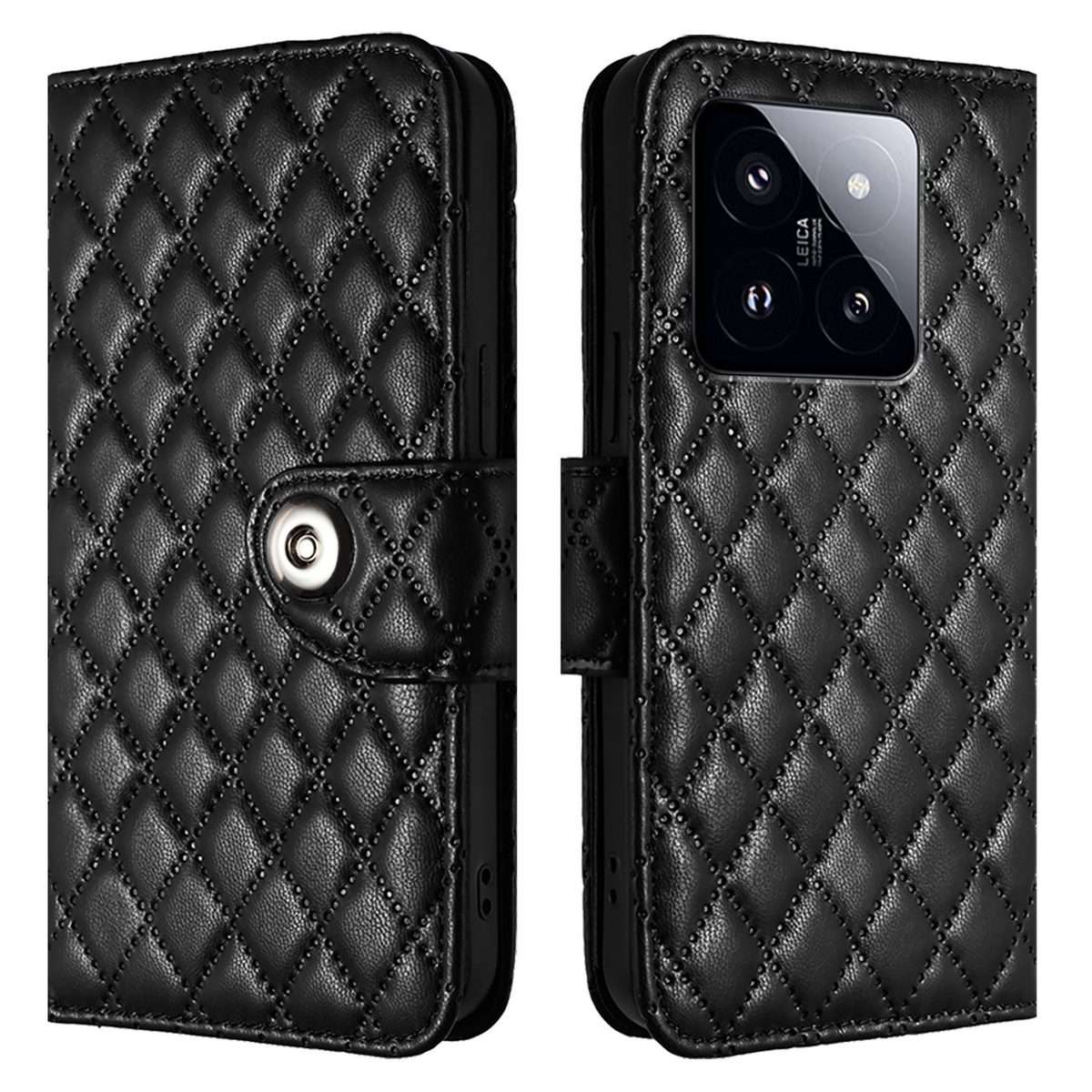 For Xiaomi 14 Pro Rhombic Texture Flip Leather Phone Case with Lanyard(Black)