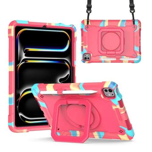 For iPad Pro 11 2025 / 2024 Handle Grip Holder Silicone Hybrid PC Tablet ... (Camouflage Rose Red)