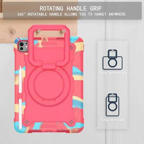 For iPad Pro 11 2025 / 2024 Handle Grip Holder Silicone Hybrid PC Tablet ... (Camouflage Rose Red)