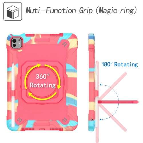For iPad Pro 11 2025 / 2024 Handle Grip Holder Silicone Hybrid PC Tablet ... (Camouflage Rose Red)